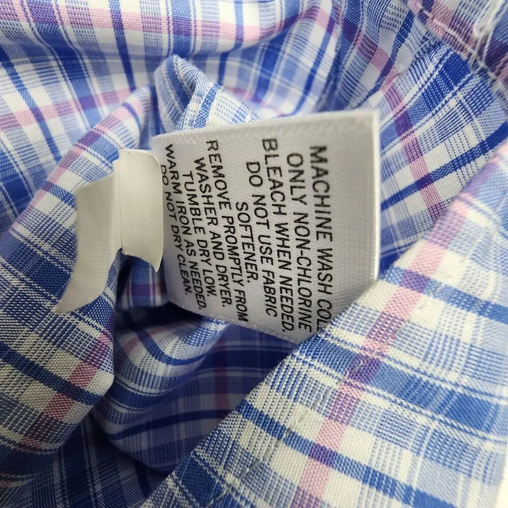 Banana Republic Mens M 15 15.5 Blue Pink Plaid Non Iron Slim Fit Dress Shirt